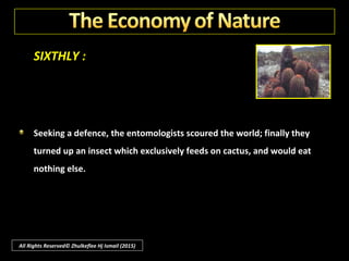 SIXTHLY :
By the economy of nature, we are forced to realise that only infinite
wisdom could have foreseen and prepared with such astute husbandry.
Many years ago a species of cactus was planted in Australia as a
protective fence.
All Rights Reserved© Zhulkeflee Hj Ismail (2015)
 