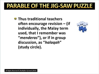 Thus traditional teachers
often encourage revision – (if
individually, the Malay term
used, that I remember was
“menderas”), or if in group
discussion, as “halaqah”
(study circle).
20
All Rights Reserved © Zhulkeflee Hj Ismail (2014))
 