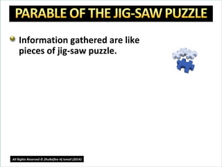 Information gathered are like
pieces of jig-saw puzzle.
6
All Rights Reserved © Zhulkeflee Hj Ismail (2014))
 