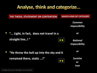 THE THESIS, STATEMENT OR CONTENTIONTHE THESIS, STATEMENT OR CONTENTION WHICH KIND OF CATEGORYWHICH KIND OF CATEGORY
““... Light, in fact, does not travel in a... Light, in fact, does not travel in a
straight line..! ”straight line..! ”
““He threw the ball up into the sky and itHe threw the ball up into the sky and it
remained there, static ...!”remained there, static ...!”
CommonCommon
impossibilityimpossibility
oror
RationalRational
ImpossibilityImpossibility
oror
SurmiseSurmise
oror
truetrue
# 9
# 8
All Rights Reserved © Zhulkeflee Hj Ismail (2015))
 