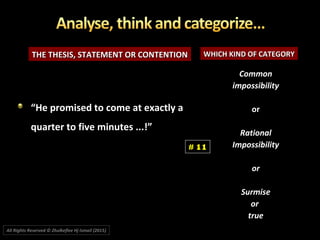 THE THESIS, STATEMENT OR CONTENTIONTHE THESIS, STATEMENT OR CONTENTION WHICH KIND OF CATEGORYWHICH KIND OF CATEGORY
CommonCommon
impossibilityimpossibility
oror
RationalRational
ImpossibilityImpossibility
oror
SurmiseSurmise
oror
truetrue
““He promised to come at exactly aHe promised to come at exactly a
quarter to five minutes ...!”quarter to five minutes ...!”
# 11
All Rights Reserved © Zhulkeflee Hj Ismail (2015))
 