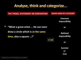 THE THESIS, STATEMENT OR CONTENTIONTHE THESIS, STATEMENT OR CONTENTION WHICH KIND OF CATEGORYWHICH KIND OF CATEGORY
CommonCommon
impossibilityimpossibility
oror
RationalRational
ImpossibilityImpossibility
oror
SurmiseSurmise
oror
truetrue
““What a great artist ... He can evenWhat a great artist ... He can even
draw a circle which isdraw a circle which is at the sameat the same
timetime, also a square ...!”, also a square ...!”
# 15
All Rights Reserved © Zhulkeflee Hj Ismail (2015))
 