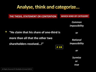 THE THESIS, STATEMENT OR CONTENTIONTHE THESIS, STATEMENT OR CONTENTION WHICH KIND OF CATEGORYWHICH KIND OF CATEGORY
CommonCommon
impossibilityimpossibility
oror
RationalRational
ImpossibilityImpossibility
oror
SurmiseSurmise
oror
truetrue
““He claim that his share of one-third isHe claim that his share of one-third is
more than all that the other twomore than all that the other two
shareholders received...!”shareholders received...!”
# 16
All Rights Reserved © Zhulkeflee Hj Ismail (2015))
 