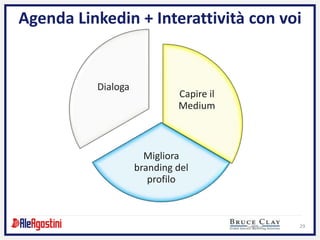 29
Agenda Linkedin + Interattività con voi
Capire il
Medium
Migliora
branding del
profilo
Dialoga
 