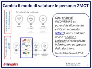 5
Cambia il modo di valutare le persone: ZMOTProcessodecisionale
Pre-Digitalizzazione
Processodecisionale
ZMOT
Oggi prima di
INCONTRARE un
potenziale dipendente,
esiste un momento
(ZMOT), in cui andiamo
online (Google e
Linkedin) e raccogliamo
informazioni a supporto
della decisione.
Piu info: https://goo.gl/n9VUfl
 