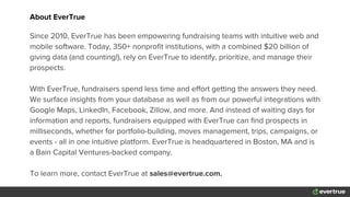 About EverTrue
Since 2010, EverTrue has been empowering fundraising teams with intuitive web and
mobile software. Today, 350+ nonprofit institutions, with a combined $20 billion of
giving data (and counting!), rely on EverTrue to identify, prioritize, and manage their
prospects.
With EverTrue, fundraisers spend less time and effort getting the answers they need.
We surface insights from your database as well as from our powerful integrations with
Google Maps, LinkedIn, Facebook, Zillow, and more. And instead of waiting days for
information and reports, fundraisers equipped with EverTrue can find prospects in
milliseconds, whether for portfolio-building, moves management, trips, campaigns, or
events - all in one intuitive platform. EverTrue is headquartered in Boston, MA and is
a Bain Capital Ventures-backed company.
To learn more, contact EverTrue at sales@evertrue.com.
 