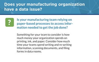 Does your manufacturing organization
have a data issue?
Is your manufacturing team relying on
paper-based processes to access infor-
mation needed to get the job done?
Something for your team to consider is how
much money your organization spends on
printing, ink, and paper. Consider how much
time your teams spend writing and re-writing
forms in data rooms.
?
 