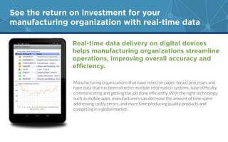 See the return on investment for your
manufacturing organization with real-time data
Real-time data delivery on digital devices
helps manufacturing organizations streamline
operations, improving overall accuracy and
efficiency.
Manufacturing organizations that have relied on paper-based processes and
such as mobile apps, manufacturers can decrease the amount of time spent
addressing costly errors, and more time producing quality products and
 