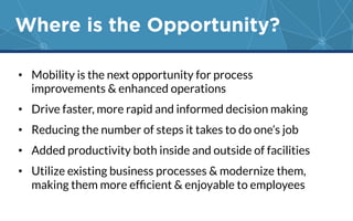 Where is the Opportunity? 
• Mobility is the next opportunity for process 
improvements & enhanced operations 
• Drive faster, more rapid and informed decision making 
• Reducing the number of steps it takes to do one’s job 
• Added productivity both inside and outside of facilities 
• Utilize existing business processes & modernize them, 
making them more efficient & enjoyable to employees 
 