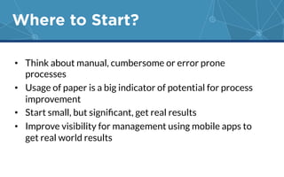 Where to Start? 
• Think about manual, cumbersome or error prone 
processes 
• Usage of paper is a big indicator of potential for process 
improvement 
• Start small, but significant, get real results 
• Improve visibility for management using mobile apps to 
get real world results 
 