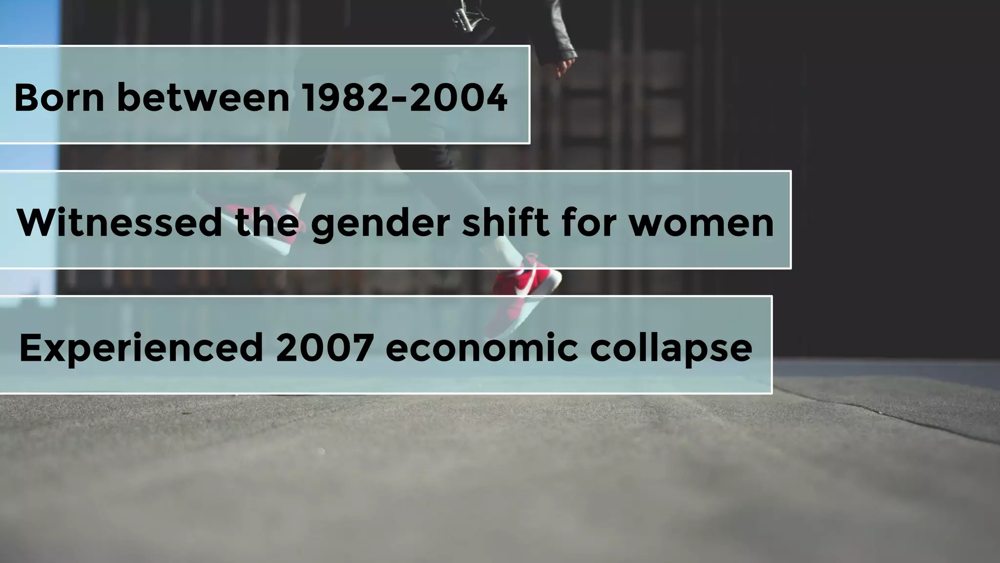 Born between 1982-2004
Witnessed the gender shift for women
Experienced 2007 economic collapse
 