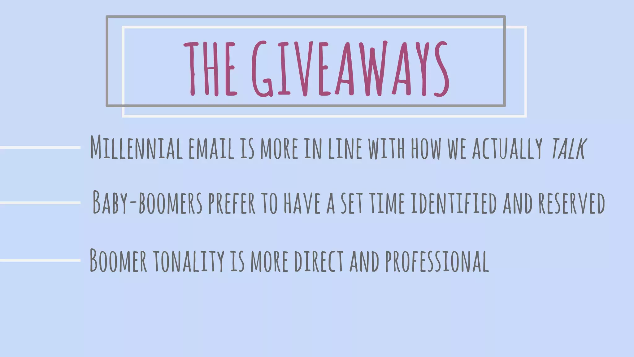 THEGIVEAWAYS
Millennialemailismoreinlinewithhowweactually talk
Baby-boomersprefertohaveasettimeidentifiedandreserved
Boomertonalityismoredirectandprofessional
 