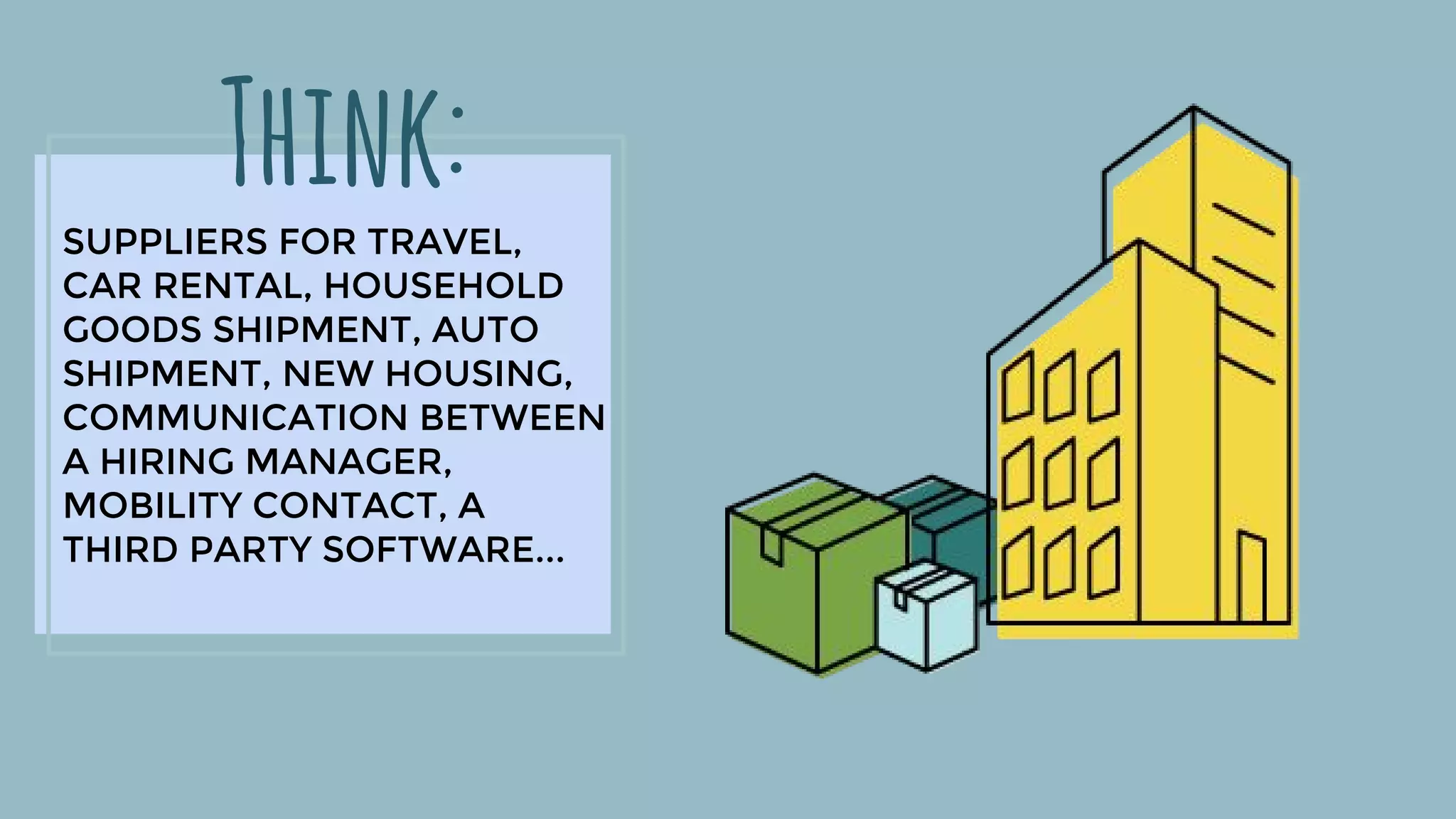 SUPPLIERS FOR TRAVEL,
CAR RENTAL, HOUSEHOLD
GOODS SHIPMENT, AUTO
SHIPMENT, NEW HOUSING,
COMMUNICATION BETWEEN
A HIRING MANAGER,
MOBILITY CONTACT, A
THIRD PARTY SOFTWARE...
Think:
 