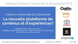 Meetup Voiture Connectée & Autonome #16
22/11/2018www.meetup.com/fr-FR/MeetupVoitureConnecteeAutonome Laurent Dunys - xMotion.io
Voiture connectée et autonome
La nouvelle plateforme de
contenus et d’expériences?
Hashtag Twitter: #MeetupConnect
Comptes Twitter: @MeetupConnect @OathFR @Wiidii_FR @Ubisoft
@ToyotaFrance @Navya_Group
 