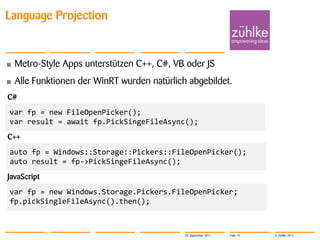 Language Projection


•   Metro-Style Apps unterstützen C++, C#, VB oder JS
•   Alle Funktionen der WinRT wurden natürlich abgebildet.
C#
var fp = new FileOpenPicker();
var result = await fp.PickSingeFileAsync();
C++
auto fp = Windows::Storage::Pickers::FileOpenPicker();
auto result = fp->PickSingeFileAsync();
JavaScript
var fp = new Windows.Storage.Pickers.FileOpenPicker;
fp.pickSingleFileAsync().then();



                                              20. September 2011   Folie 15   © Zühlke 2011
 