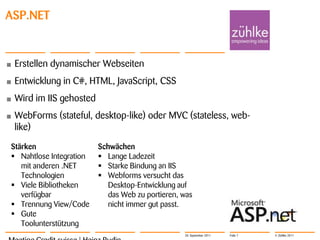 ASP.NET


•   Erstellen dynamischer Webseiten
•   Entwicklung in C#, HTML, JavaScript, CSS
•   Wird im IIS gehosted
•   WebForms (stateful, desktop-like) oder MVC (stateless, web-
    like)
Stärken                    Schwächen
 Nahtlose Integration      Lange Ladezeit
   mit anderen .NET         Starke Bindung an IIS
   Technologien             Webforms versucht das
 Viele Bibliotheken          Desktop-Entwicklung auf
   verfügbar                  das Web zu portieren, was
 Trennung View/Code          nicht immer gut passt.
 Gute
   Toolunterstützung
                                                    20. September 2011   Folie 7   © Zühlke 2011
 