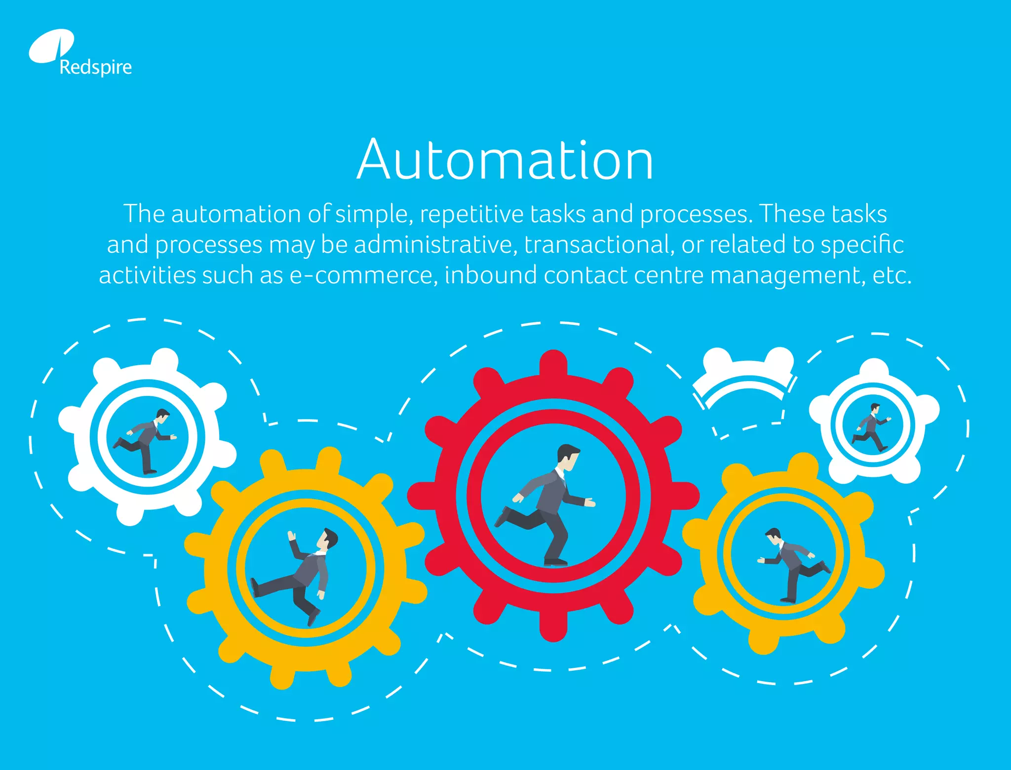Automation
The automation of simple, repetitive tasks and processes. These tasks
and processes may be administrative, transactional, or related to specific
activities such as e-commerce, inbound contact centre management, etc.
 