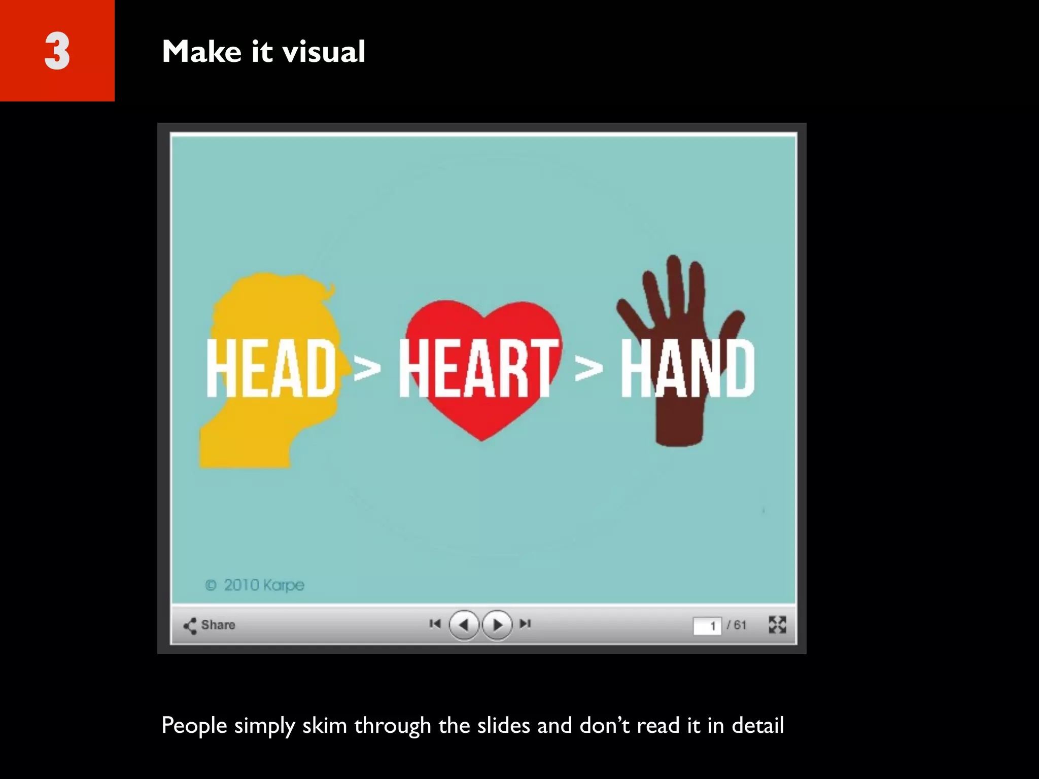 3 Make it visual
People simply skim through the slides and don’t read it in detail
 