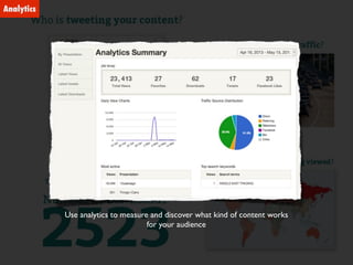 Use analytics to measure and discover what kind of content works
for your audience
Analytics
 