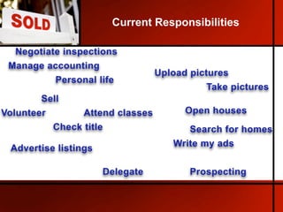 Current Responsibilities

  Negotiate inspections
 Manage accounting
                                 Upload pictures
    ...