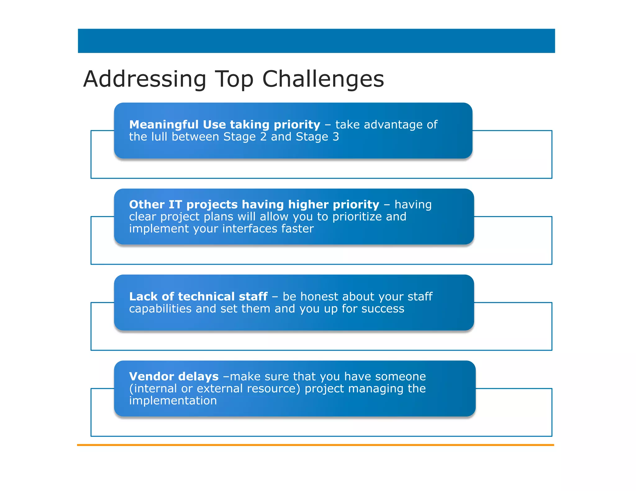 Addressing Top Challenges
Meaningful Use taking priority – take advantage of
the lull between Stage 2 and Stage 3
Other IT projects having higher priority – having
clear project plans will allow you to prioritize and
implement your interfaces faster
Lack of technical staff – be honest about your staff
capabilities and set them and you up for success
Vendor delays –make sure that you have someone
(internal or external resource) project managing the
implementation
 