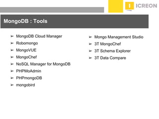 prepared for: 20/20 Companies | 8.22.2010
MongoDB : Tools
➢ MongoDB Cloud Manager
➢ Robomongo
➢ MongoVUE
➢ MongoChef
➢ NoSQL Manager for MongoDB
➢ PHPMoAdmin
➢ PHPmongoDB
➢ mongobird
➢ Mongo Management Studio
➢ 3T MongoChef
➢ 3T Schema Explorer
➢ 3T Data Compare
 