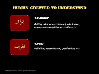 TA’ARRUF
Getting to know; make himself to be known;
acquaintance; cognition; perception; etc.
TA’RIF
Definition; determina...