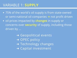 75% of the world's oil supply is from state-owned
or semi-national oil companies ➜ not profit driven
oil prices impacted b...