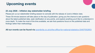 Upcoming events
22 July 2026 – Inflation day stakeholder briefing
Please join us our stakeholder briefing session to coincide with the release of June’s inflation data.
These 30-minute sessions will take place on the day of publication, giving you the chance to ask questions
about the latest published data, seek clarification on any points, and explore anything you'd like to understand in
more depth. To make the most of the time available, we ask that questions focus on the published data and
findings rather than methodology.
All our events can be found via eventbrite.co.uk/o/the-office-for-national-statistics-33407052803
 
