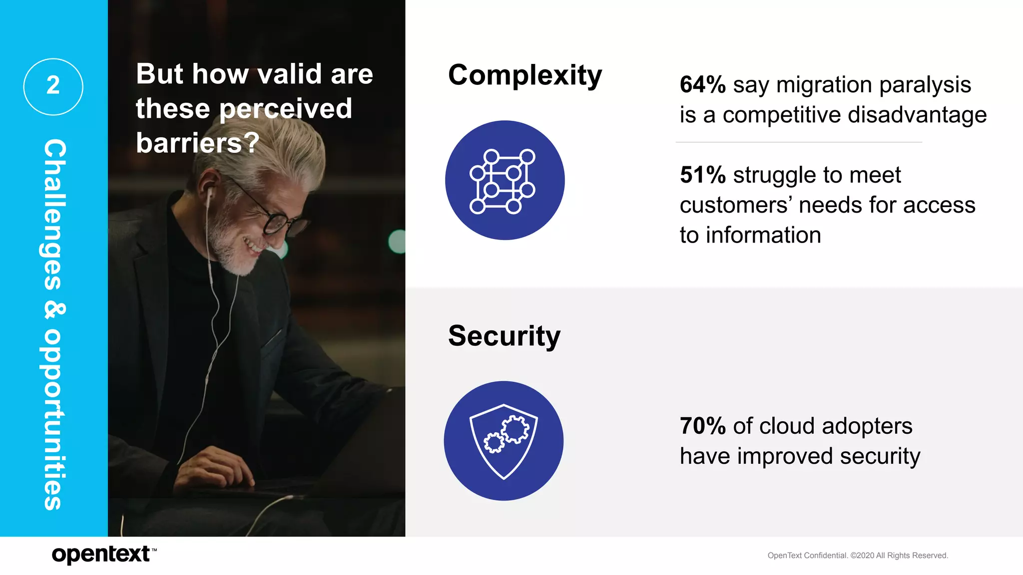 OpenText Confidential. ©2020 All Rights Reserved.
2 64% say migration paralysis
is a competitive disadvantage
51% struggle to meet
customers’ needs for access
to information
70% of cloud adopters
have improved security
Complexity
Security
But how valid are
these perceived
barriers?
Challenges&opportunities
 