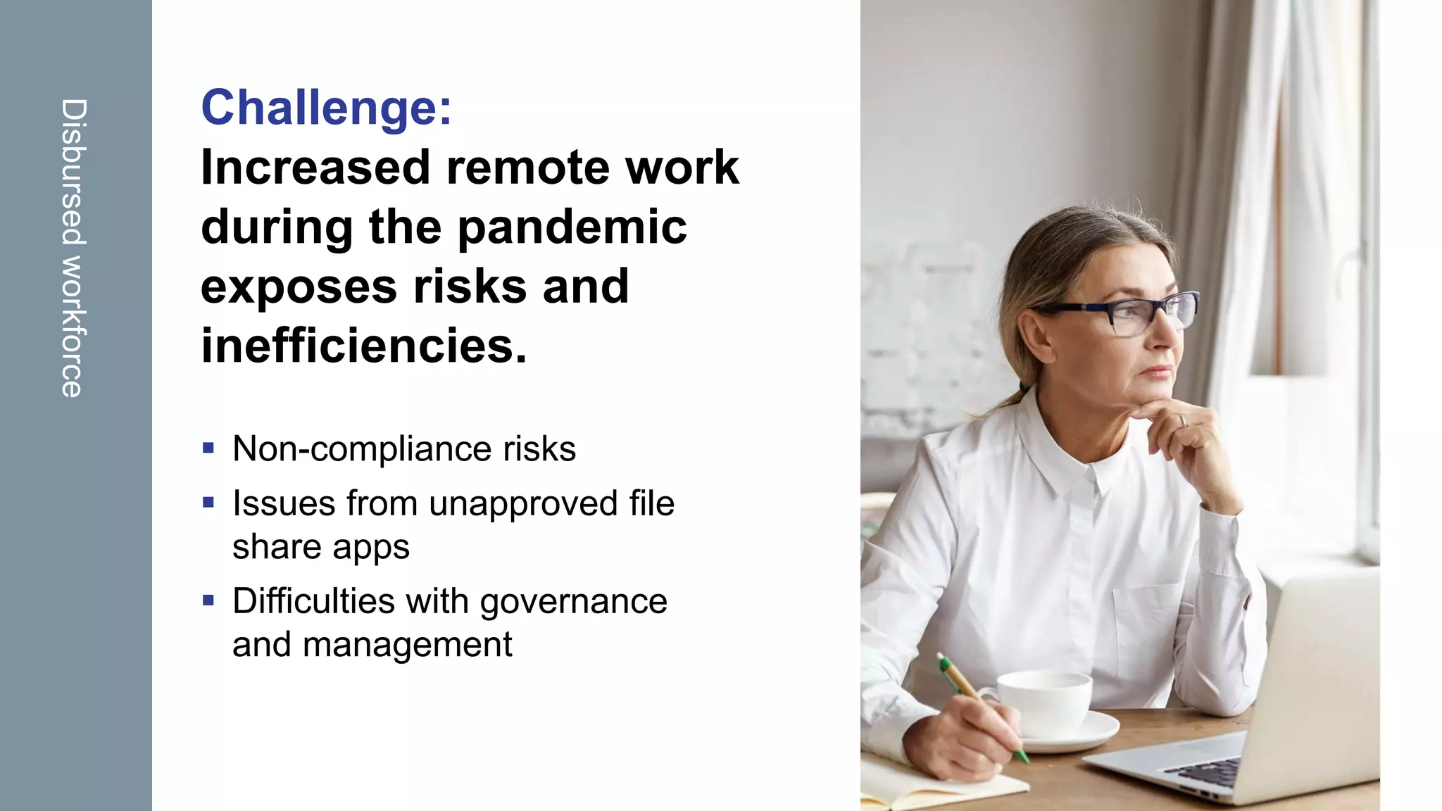 OpenText Confidential. ©2020 All Rights Reserved.
Challenge:
Increased remote work
during the pandemic
exposes risks and
inefficiencies.
 Non-compliance risks
 Issues from unapproved file
share apps
 Difficulties with governance
and management
Disbursedworkforce
 