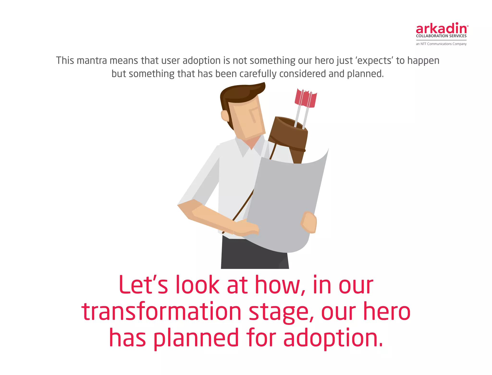 This mantra means that user adoption is not something our hero just ‘expects’ to happen
but something that has been carefully considered and planned.
Let’s look at how, in our
transformation stage, our hero
has planned for adoption.
 
