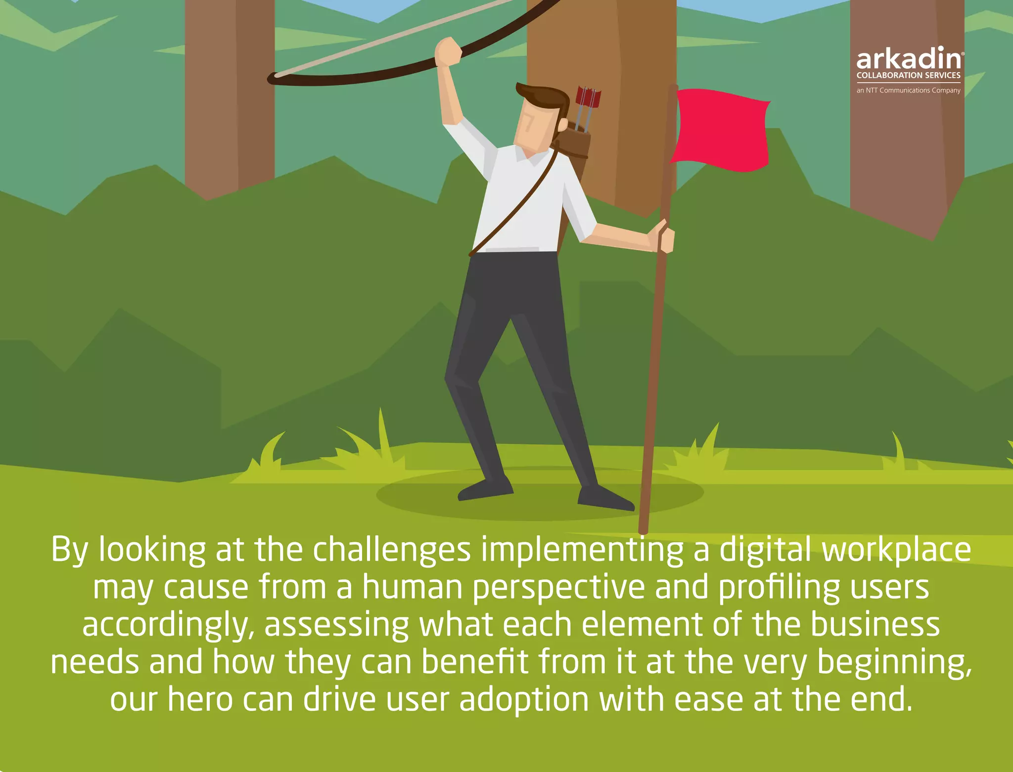 By looking at the challenges implementing a digital workplace
may cause from a human perspective and profiling users
accordingly, assessing what each element of the business
needs and how they can benefit from it at the very beginning,
our hero can drive user adoption with ease at the end.
 