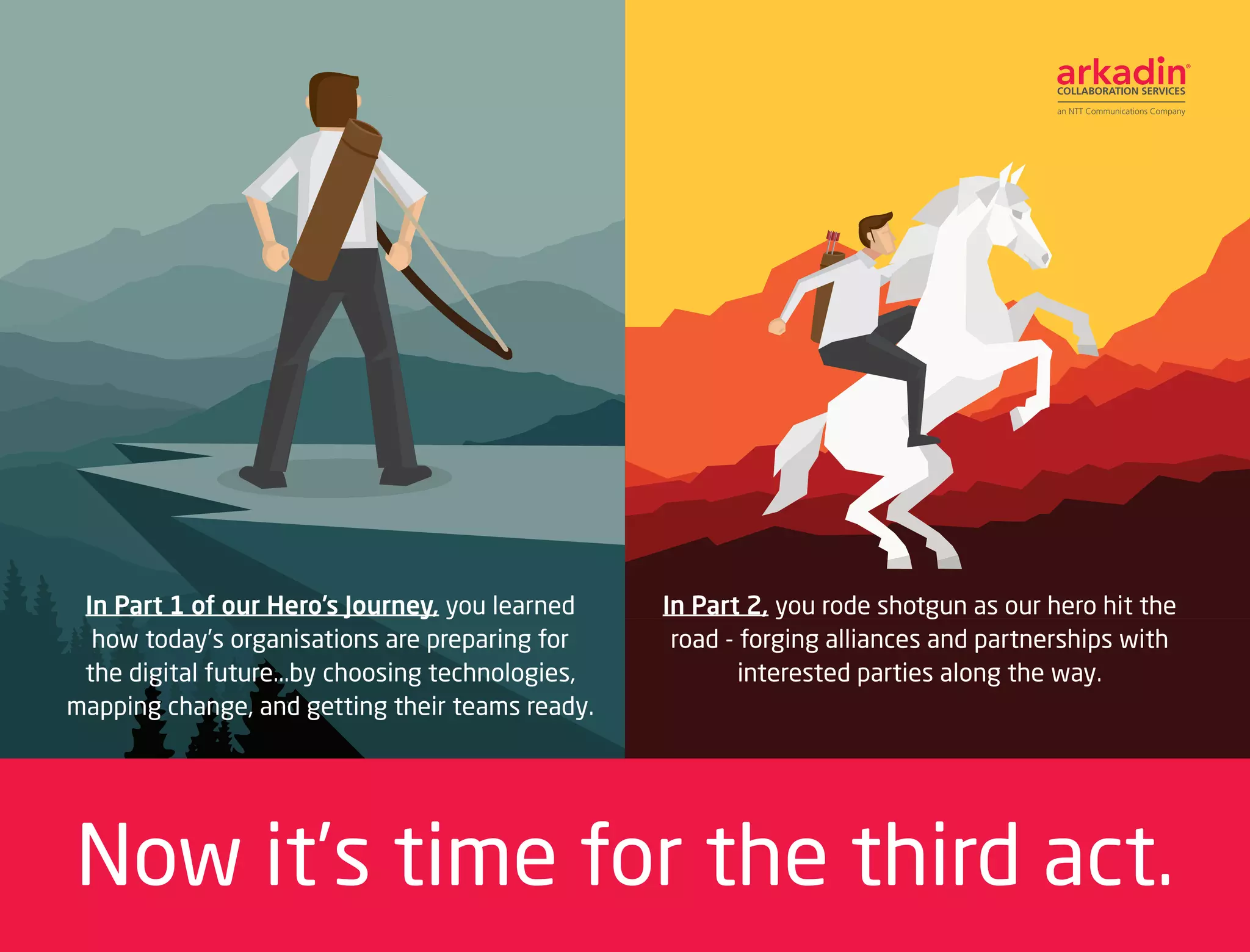 In Part 2, you rode shotgun as our hero hit the
road - forging alliances and partnerships with
interested parties along the way.
In Part 1 of our Hero’s Journey, you learned
how today’s organisations are preparing for
the digital future...by choosing technologies,
mapping change, and getting their teams ready.
Now it’s time for the third act.
 