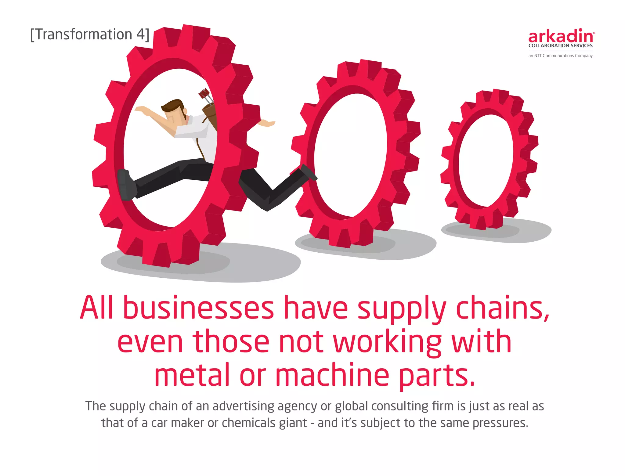 The supply chain of an advertising agency or global consulting firm is just as real as
that of a car maker or chemicals giant - and it’s subject to the same pressures.
All businesses have supply chains,
even those not working with
metal or machine parts.
[Transformation 4]
 