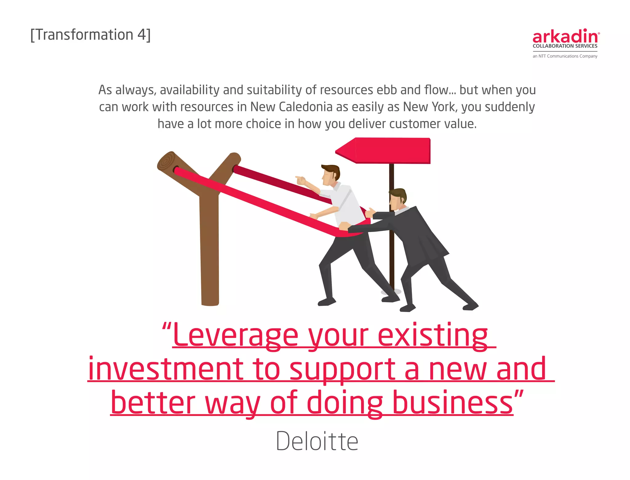 “Leverage your existing
investment to support a new and
better way of doing business”
Deloitte
As always, availability and suitability of resources ebb and flow… but when you
can work with resources in New Caledonia as easily as New York, you suddenly
have a lot more choice in how you deliver customer value.
[Transformation 4]
 