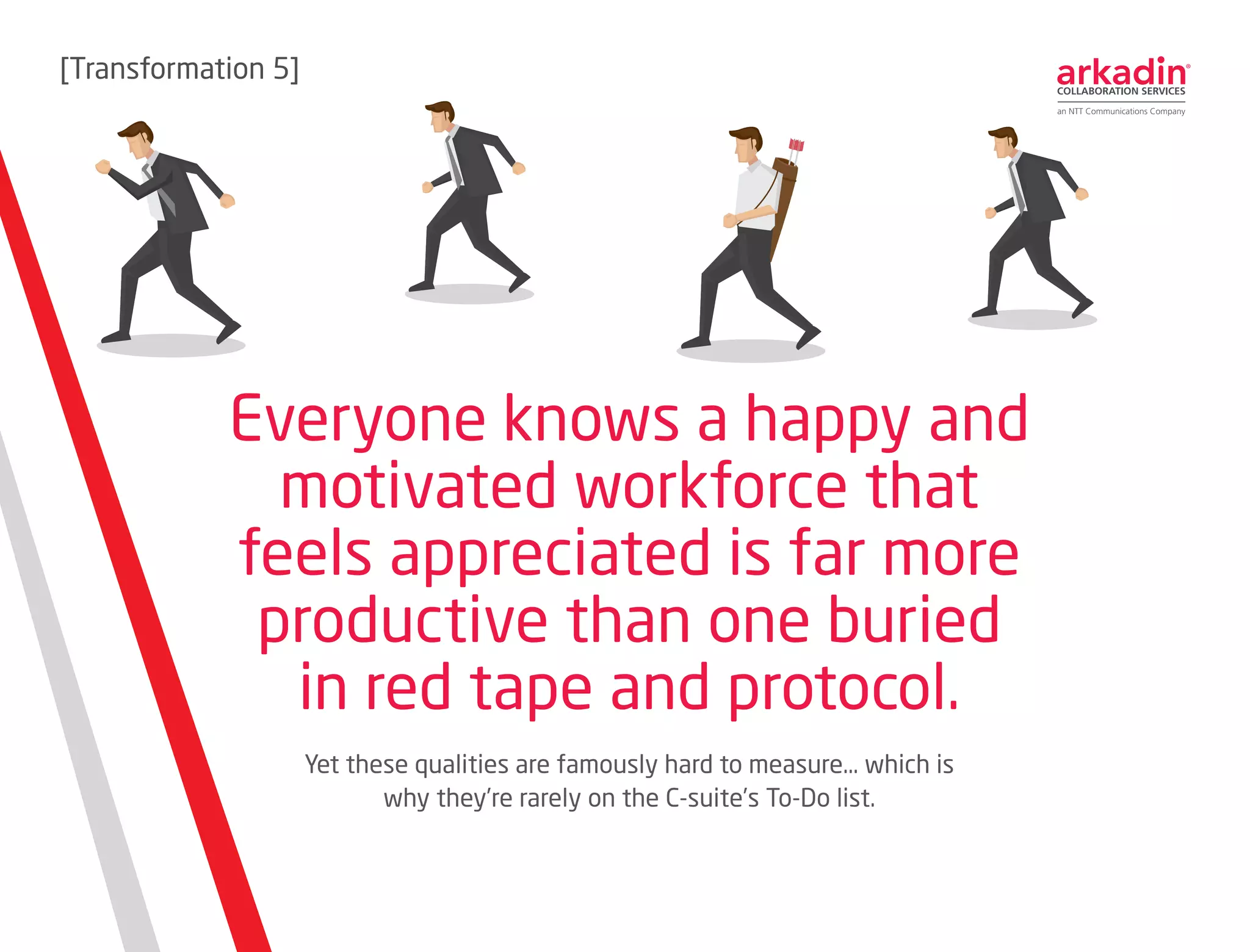Yet these qualities are famously hard to measure… which is
why they’re rarely on the C-suite’s To-Do list.
Everyone knows a happy and
motivated workforce that
feels appreciated is far more
productive than one buried
in red tape and protocol.
[Transformation 6]
 