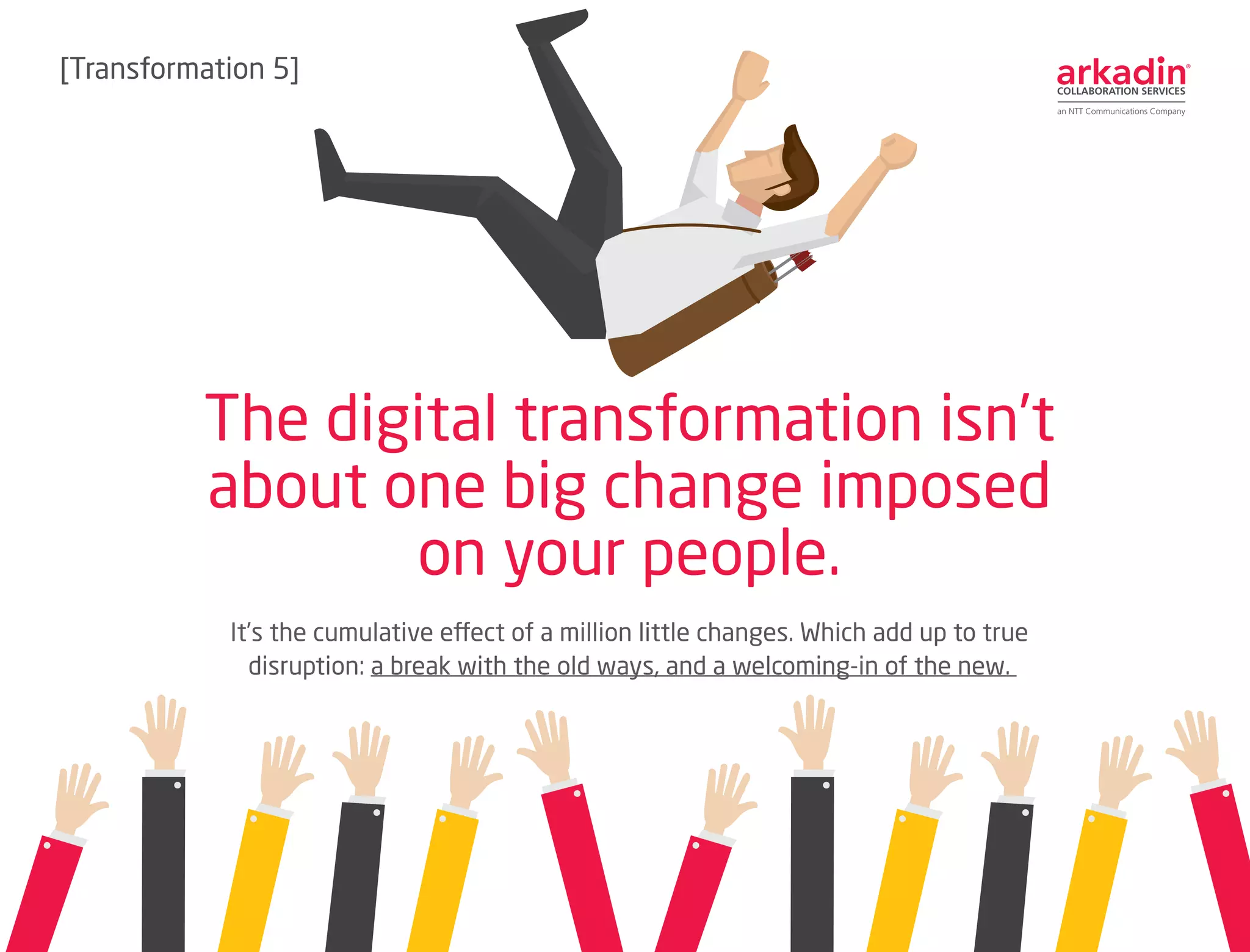 It’s the cumulative effect of a million little changes. Which add up to true
disruption: a break with the old ways, and a welcoming-in of the new.
The digital transformation isn’t
about one big change imposed
on your people.
[Transformation 6]
 