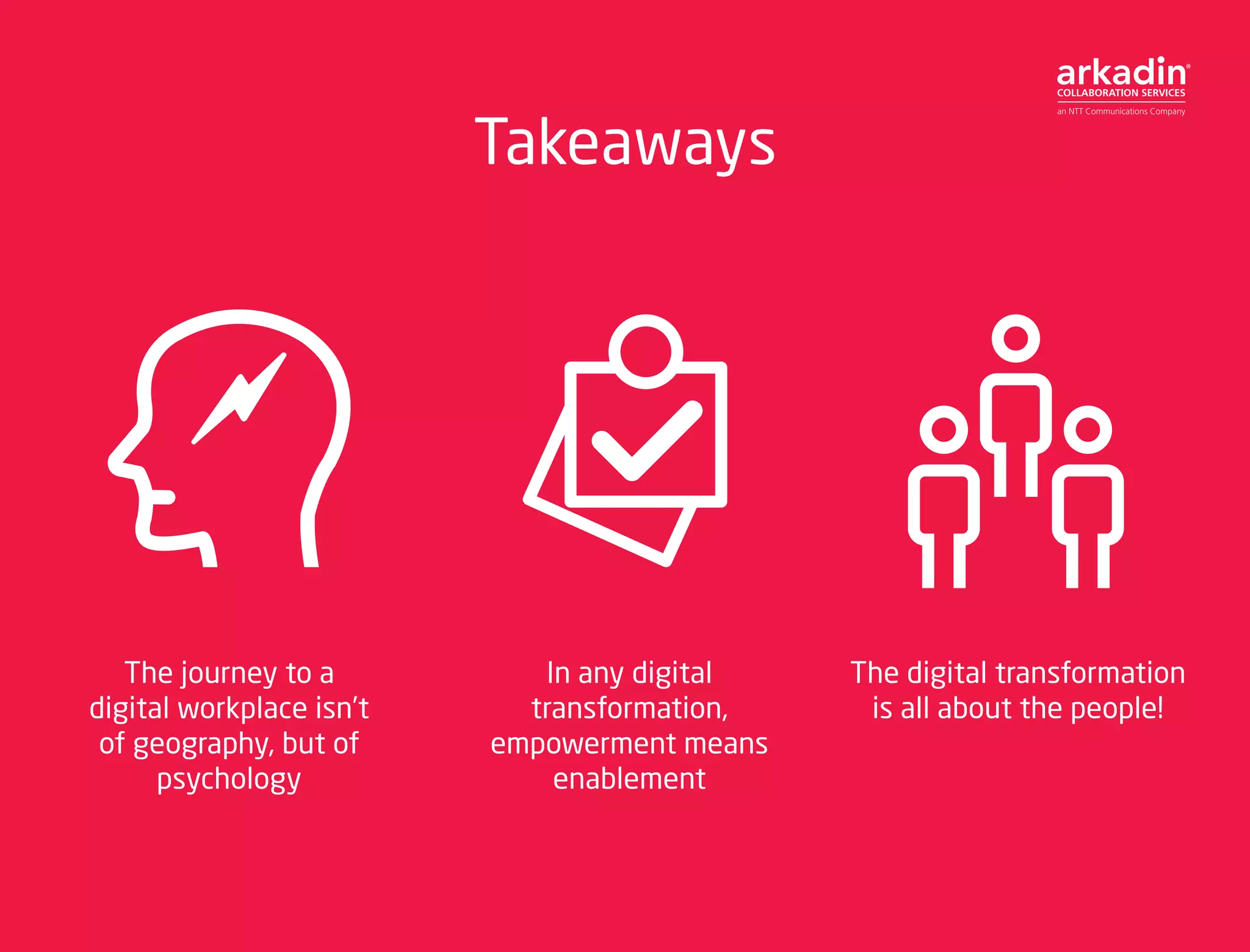 Takeaways
The journey to a
digital workplace isn’t
of geography, but of
psychology
In any digital
transformation,
empowerment means
enablement
The digital transformation
is all about the people!
 