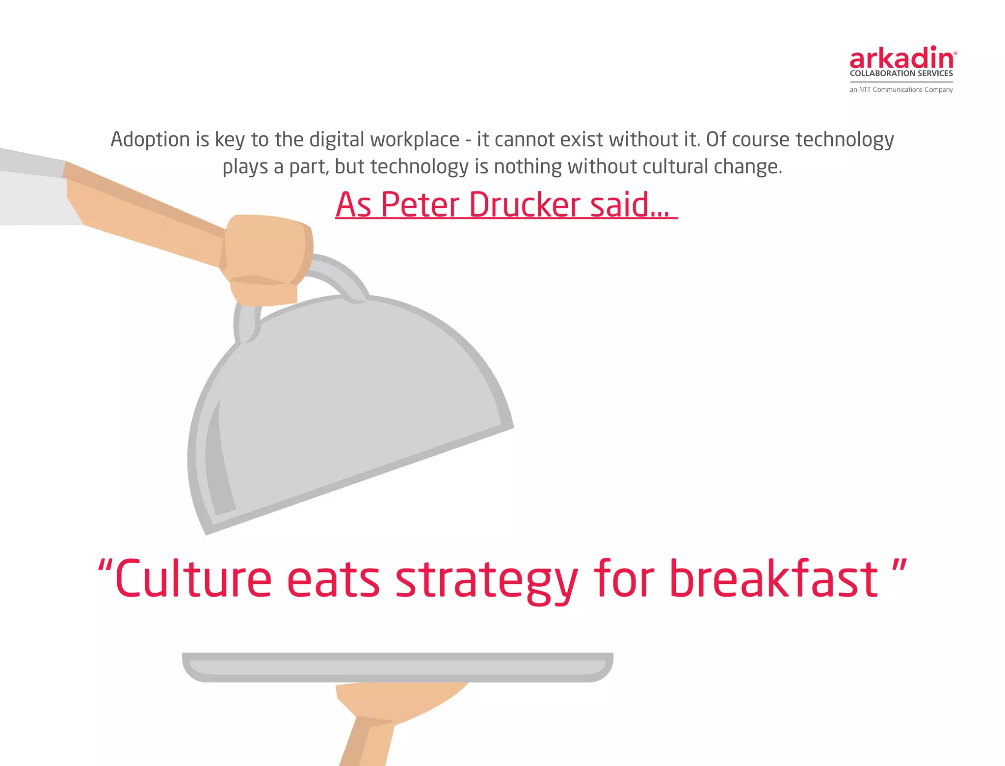 Adoption is key to the digital workplace - it cannot exist without it. Of course technology
plays a part, but technology is nothing without cultural change.
As Peter Drucker said…
“Culture eats strategy for breakfast ”
 