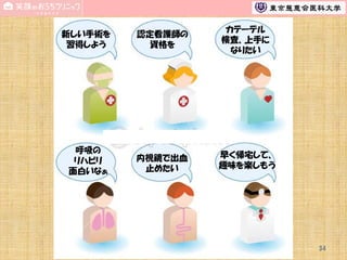 新しい手術を
習得しよう

認定看護師の
資格を

カテーテル
検査、上手に
なりたい

呼吸の
リハビリ
面白いなぁ

内視鏡で出血
止めたい

早く帰宅して、
趣味を楽しもう

34

 