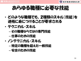 あらゆる職種に必要な技能
• どのような職種でも、２種類のスキル（技能）を
適格に身につけることが要求される
• テクニカル・スキル
– その職種ならではの専門技能
– 仕事のための技能

• ノンテクニカル・スキル
– 特定の職種を超えた一般技能
– 安全のための技能
50

 