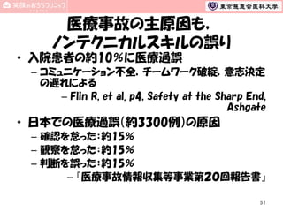 医療事故の主原因も，
ノンテクニカルスキルの誤り
• 入院患者の約10％に医療過誤
– コミュニケーション不全，チームワーク破綻，意志決定
の遅れによる
– Flin R, et al. p4, Safety at the Sharp End,
Ashgate

• 日本での医療過誤（約3300例）の原因
– 確認を怠った：約15％
– 観察を怠った：約15％
– 判断を誤った：約15％
– 『医療事故情報収集等事業第２０回報告書』
51

 