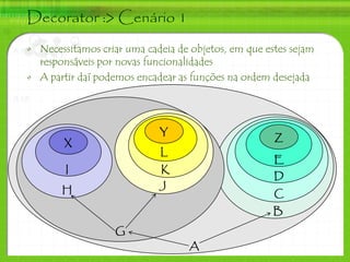 Decorator :> Cenário 1
• Necessitamos criar uma cadeia de objetos, em que estes sejam
  responsáveis por novas funcionalid...