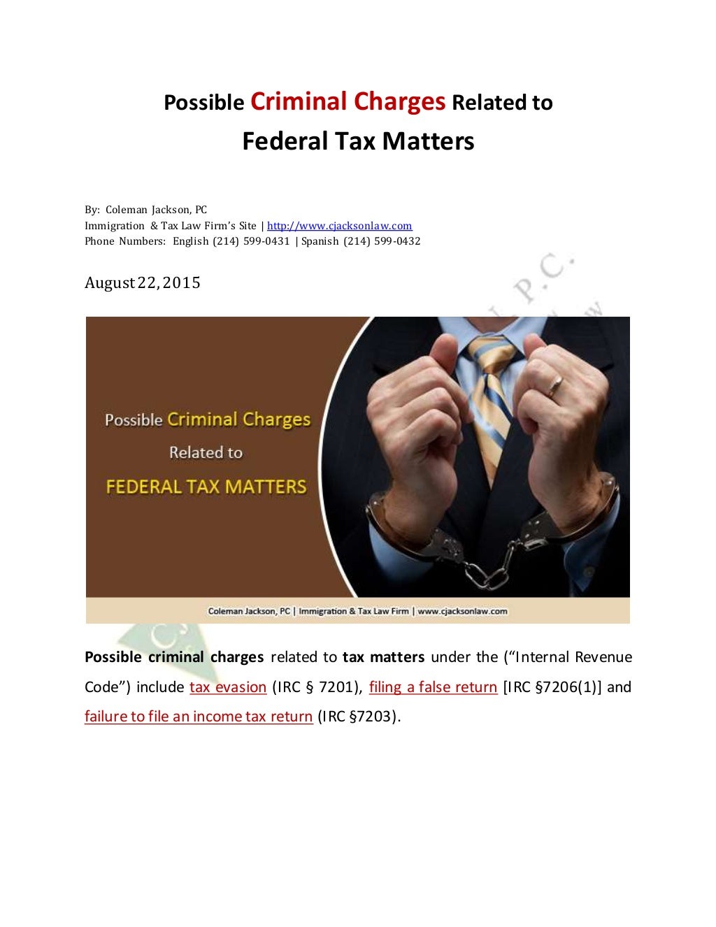 Possible Criminal Charges Related to Federal Tax Matters