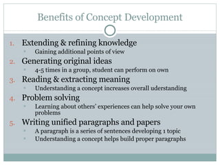 Benefits of Concept Development Extending & refining knowledge Gaining additional points of view Generating original ideas 4-5 times in a group, student can perform on own Reading & extracting meaning Understanding a concept increases overall uderstanding Problem solving Learning about others’ experiences can help solve your own problems Writing unified paragraphs and papers A paragraph is a series of sentences developing 1 topic Understanding a concept helps build proper paragraphs  