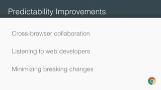 Predictability Improvements
Cross-browser collaboration
Listening to web developers
Minimizing breaking changes
 