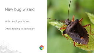 New bug wizard
Web developer focus
Direct routing to right team
 