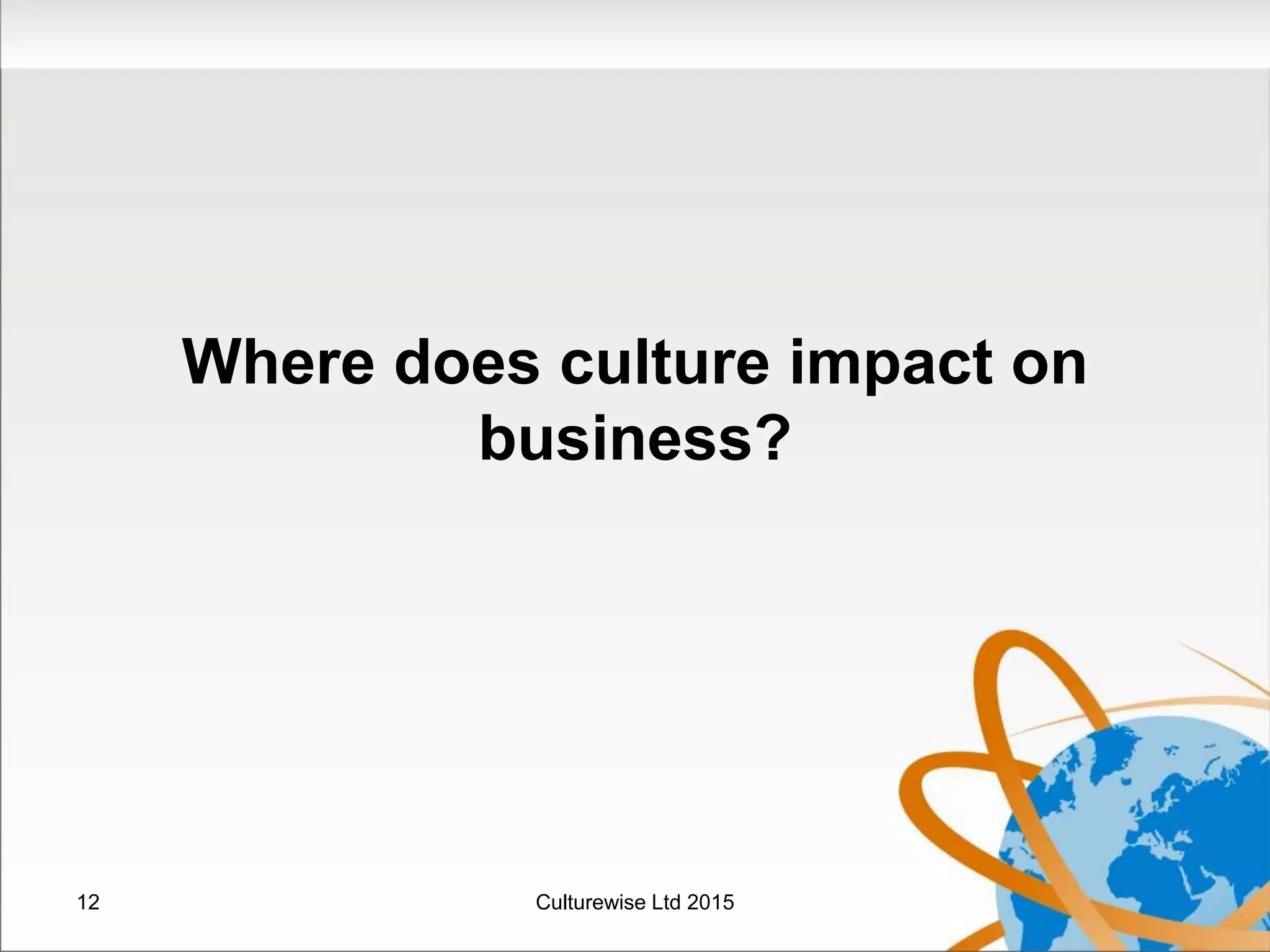 Where does culture impact on
business?
12 Culturewise Ltd 2015
 