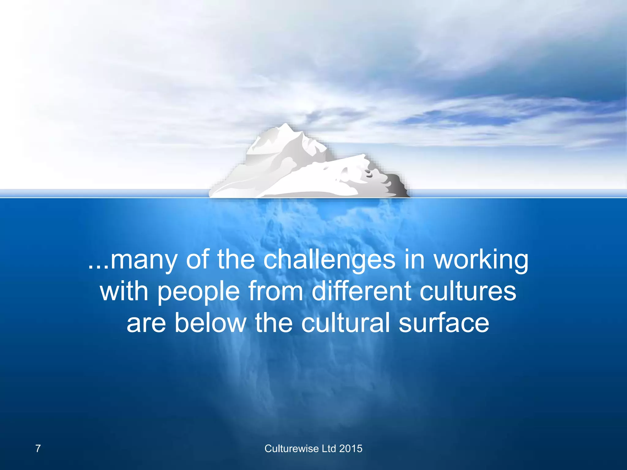 ...many of the challenges in working
with people from different cultures
are below the cultural surface
Culturewise Ltd 20157
 